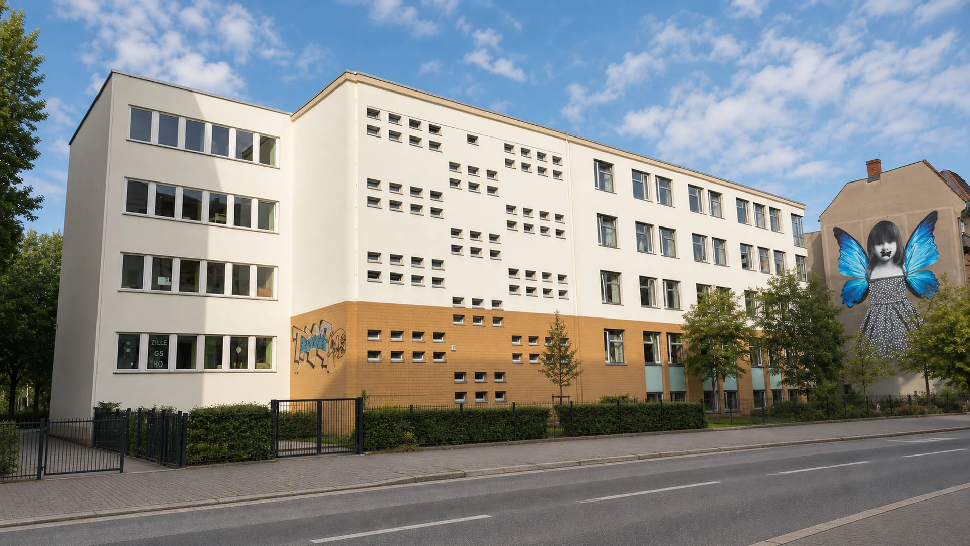 Die Zille-Grundschule in Berlin-Friedrichshain: helles Hauptgebäude mit dem Schmetterling-Wandbild am Anbau
